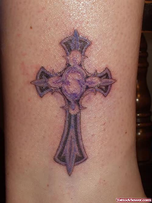 Black and Purple Cross Tattoo On Ankle