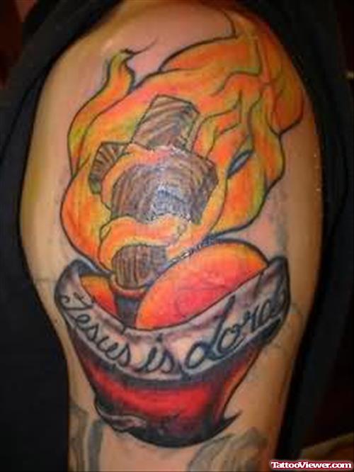 Fire Cross Tattoo On Shoulder