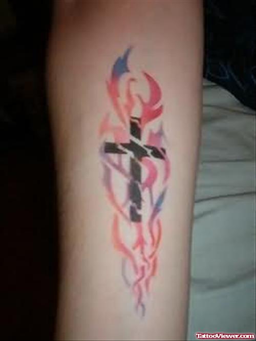 Trendy Cross Flames Tattoo