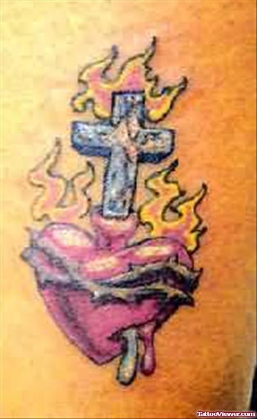Burning Heart And Cross Tattoo Design