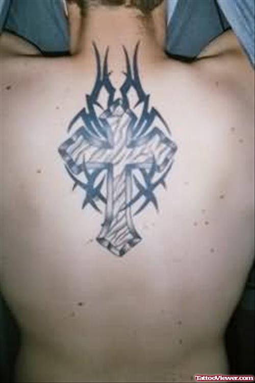 Awesome Cross Tattoo For Upper Back
