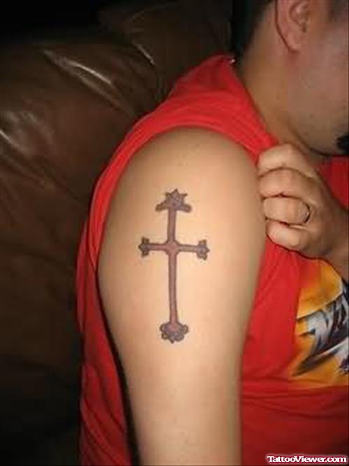 Simple Cross Tattoo On Shoulder