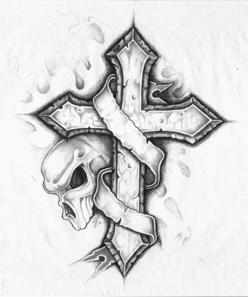 Cross With Banner And Skull Tattoo Design