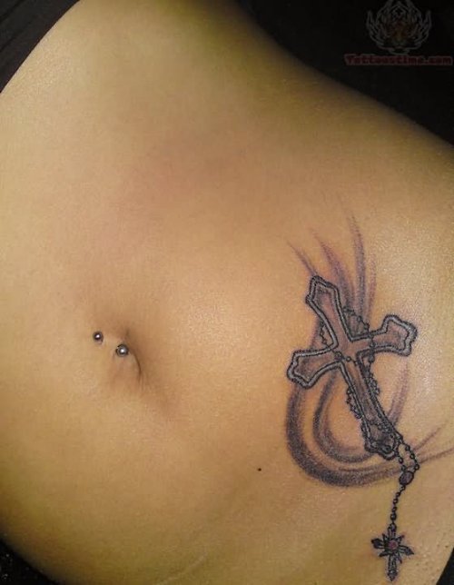 Grey Ink Cross Tattoo On Hip