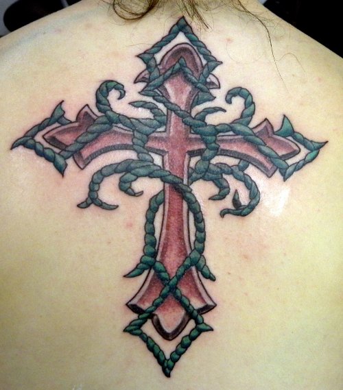 Tribal And Red Cross Tattoo On Back