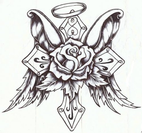 Angel Winged Cross And Rose Flower Tattoo Design