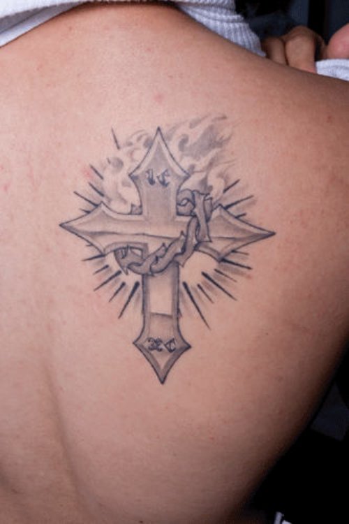 Grey Ink Cross Tattoo On Right Back Shoulder