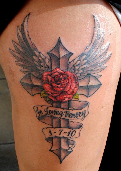 Winged Cross And Red Rose Tattoo