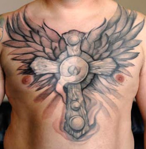 Beautiful Grey Ink Cross Tattoo On Man Chest