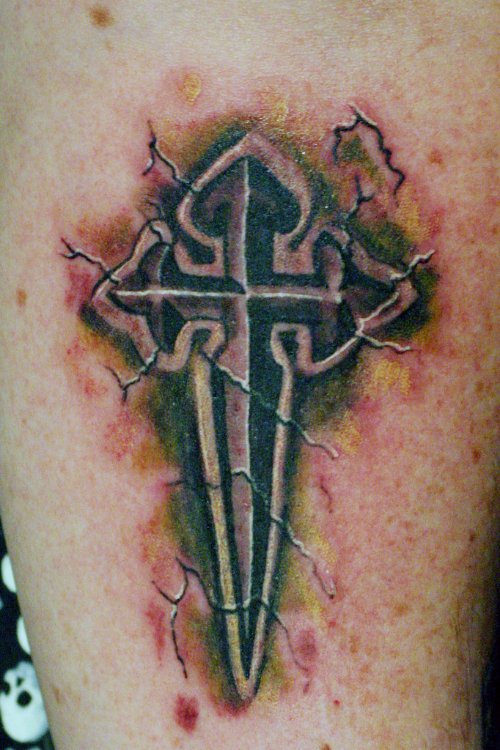 Grey Ink 3D Cross Tattoo