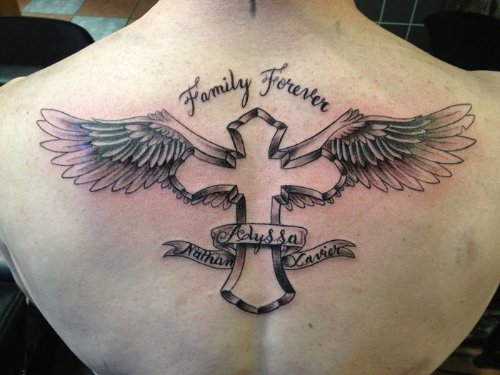 Family Forever Winged Cross Tattoo On Upperback