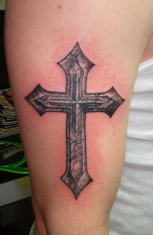 Awesome Grey Ink Cross Tattoo On Half Sleeve
