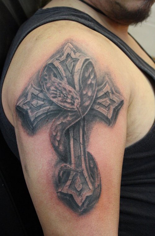 Grey Ink 3D Cross Tattoo On Right Shoulder