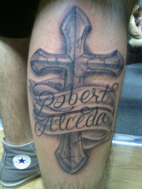Cross With Robert Alceda Banner Tattoo