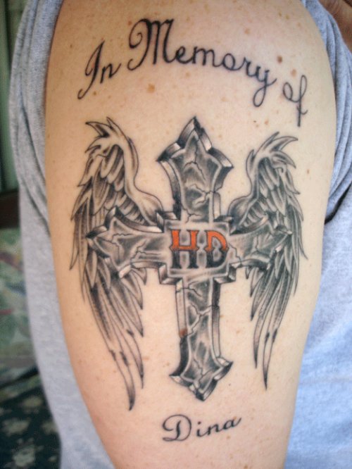 In Memory Of Winged Cross Tattoo On Half Sleeve
