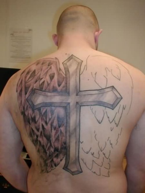 Winged Cross Tattoos On Man Back