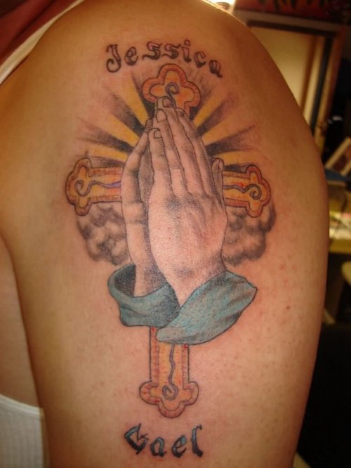 Praying Hands Cross Tattoo On Left Shoulder