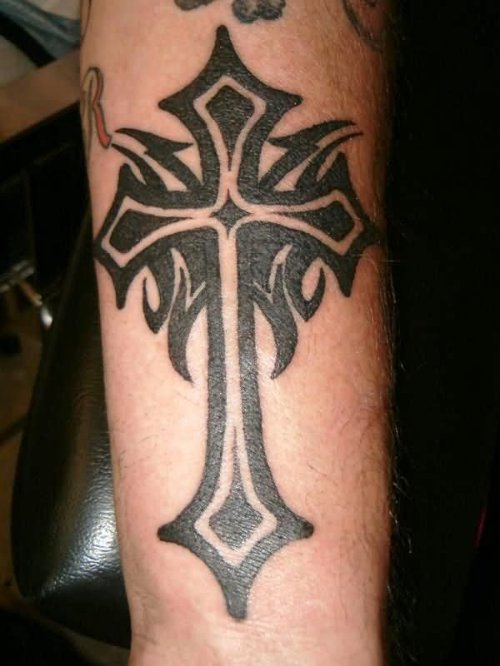 Black Tribal Cross Tattoo On Arm Sleeve
