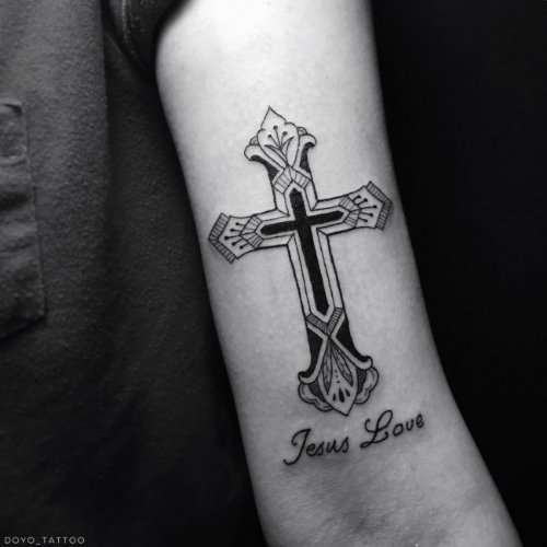 Jesus Love Tattoo On Left Bicep