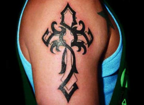 Tribal And Cross Tattoo On Right Half Sleeve