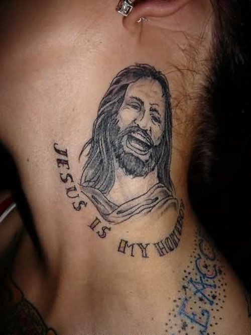 Jesus Head And Cross Tattoo On Side Neck