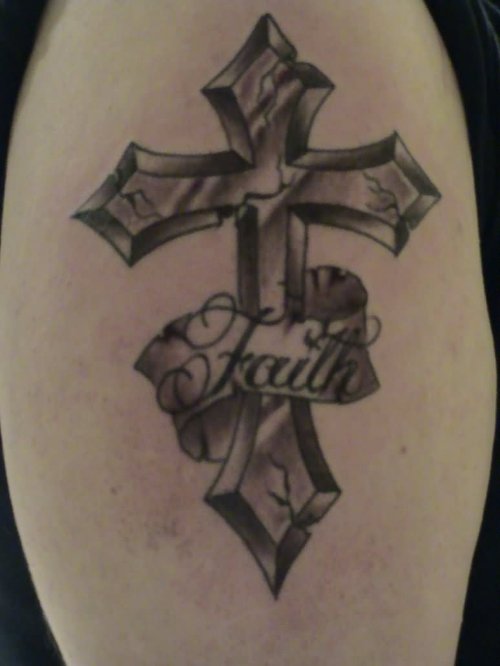 Faith Banner On Cross Shoulder Tattoo