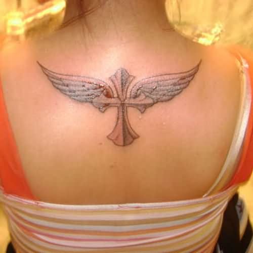 Best Winged Cross Tattoo On Upperback