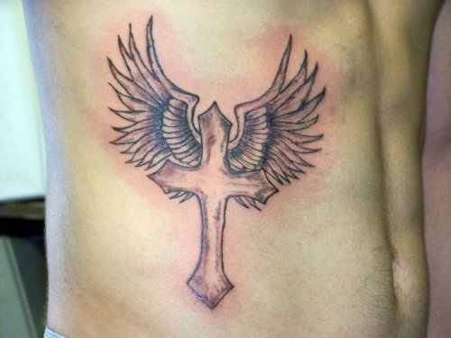Winged Cross Tattoo On Man Side Rib