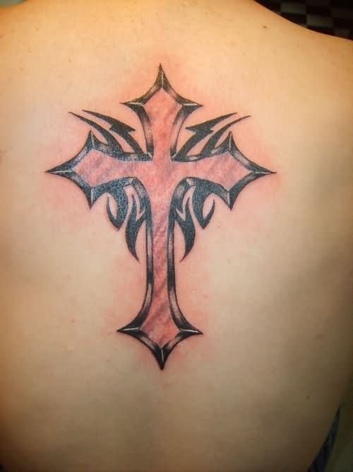 Tribal And Cross Tattoo On Back Body