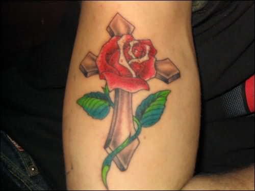 Red Rose Flowers And Cross Tattoo On Sleeve