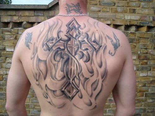 Flaming Cross Tattoo On Man Back