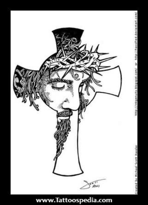 Jesus Head And Cross Tattoo Design