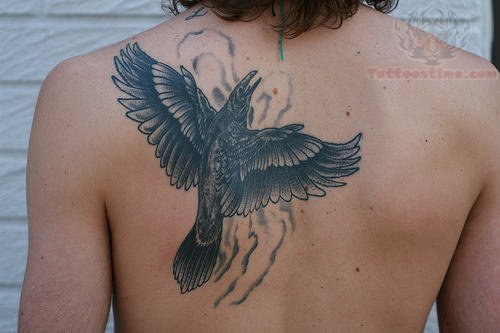 Flying Crow Tattoo On Back Shoulder