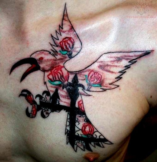 Black And Red Ink Crow Tattoo On Chest