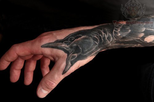 Crow Tattoo On Arm And Hand