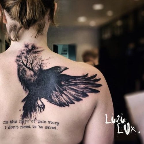 Nice Black Crow Tattoo On Back