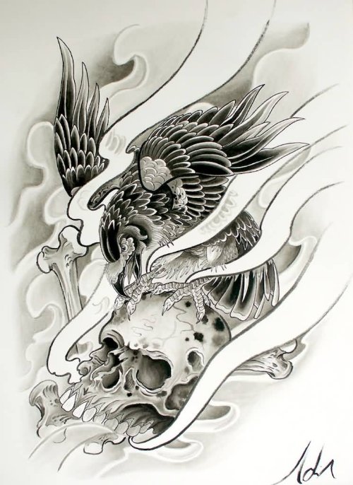 Japanese Skull And Crow Tattoo Design