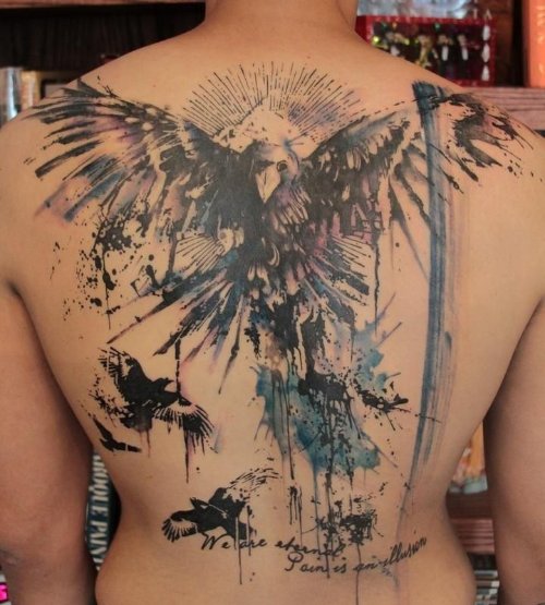 Watercolor Crow Tattoo On Full Back