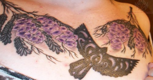 Vine Flowers And Crow Tattoo On Chest