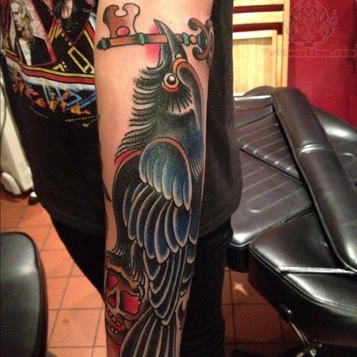 Crow And Key In Beak Tattoo