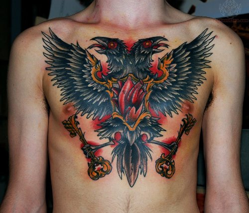 Keys And Crow Tattoo On Chest