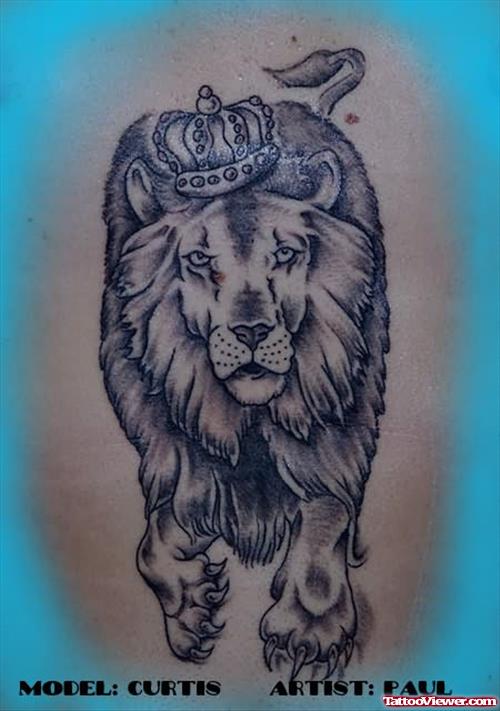 Big Lion And Crown On Head Tattoo