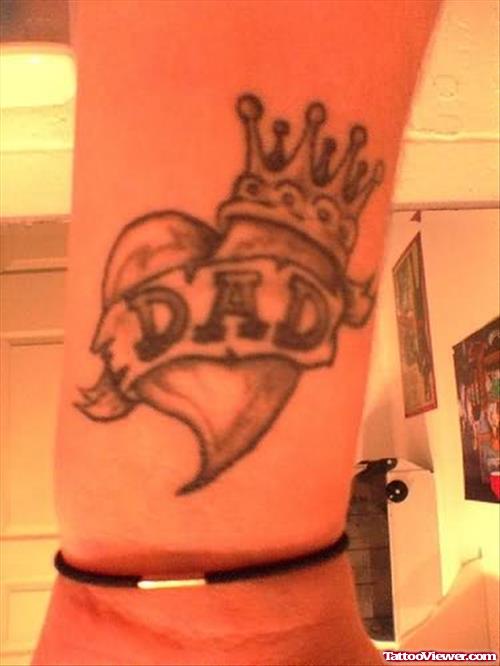 Dad Heart With Crown Tattoo On Leg