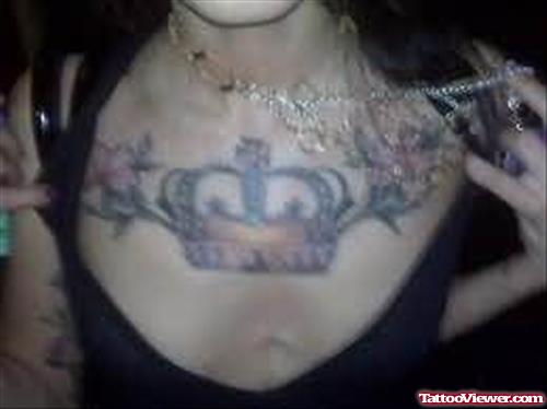 Awesome Crown Tattoo On Chest For Girls