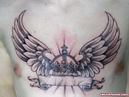 Angel Wings Crown Tattoo On Chest