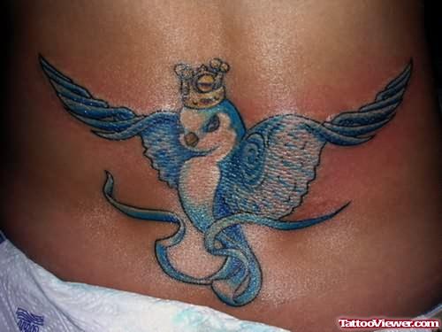 Bird Crown Tattoo On Lower Back