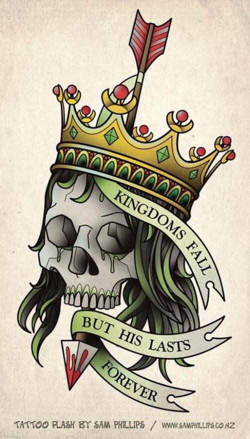Banner And Skull Crown Tattoo Design