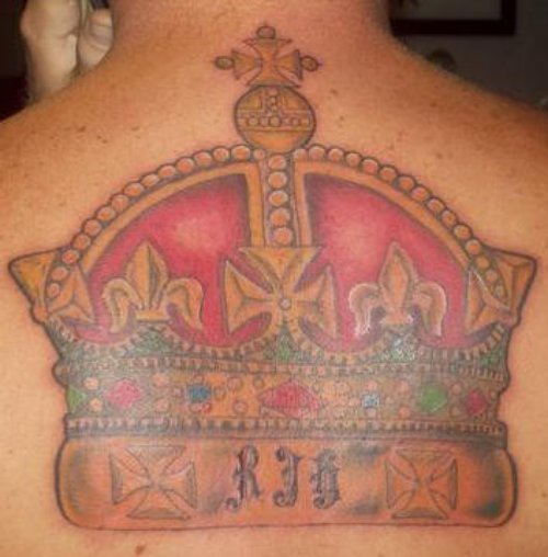 Colored Large Crown Tattoo On Back