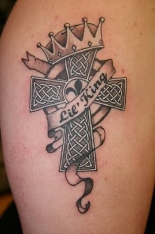 Celtic Cross and Crown Tattoo on Leg
