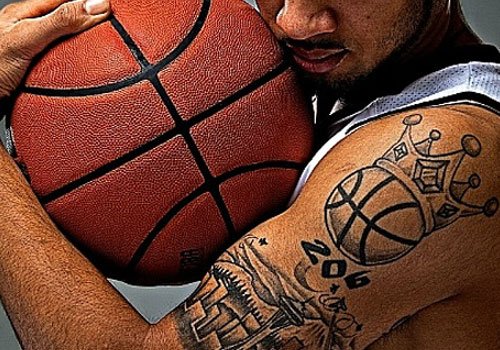 Left Half Sleeve Basket Ball Crown Tattoo
